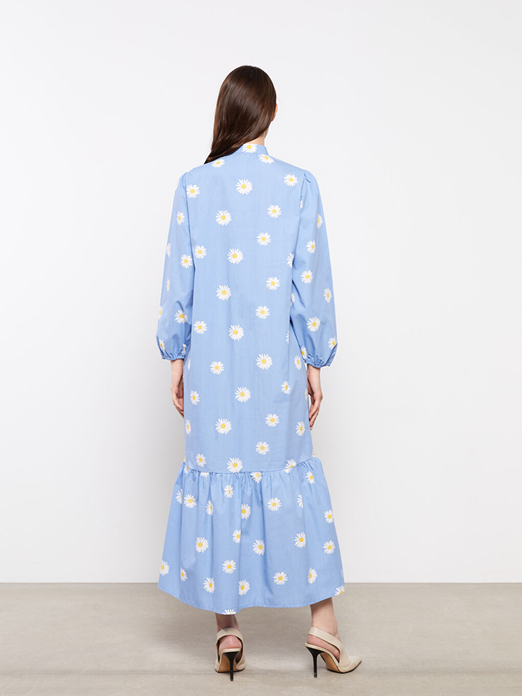 Mavi Hakim Yaka Çiçekli Poplin Kadın Elbise-4