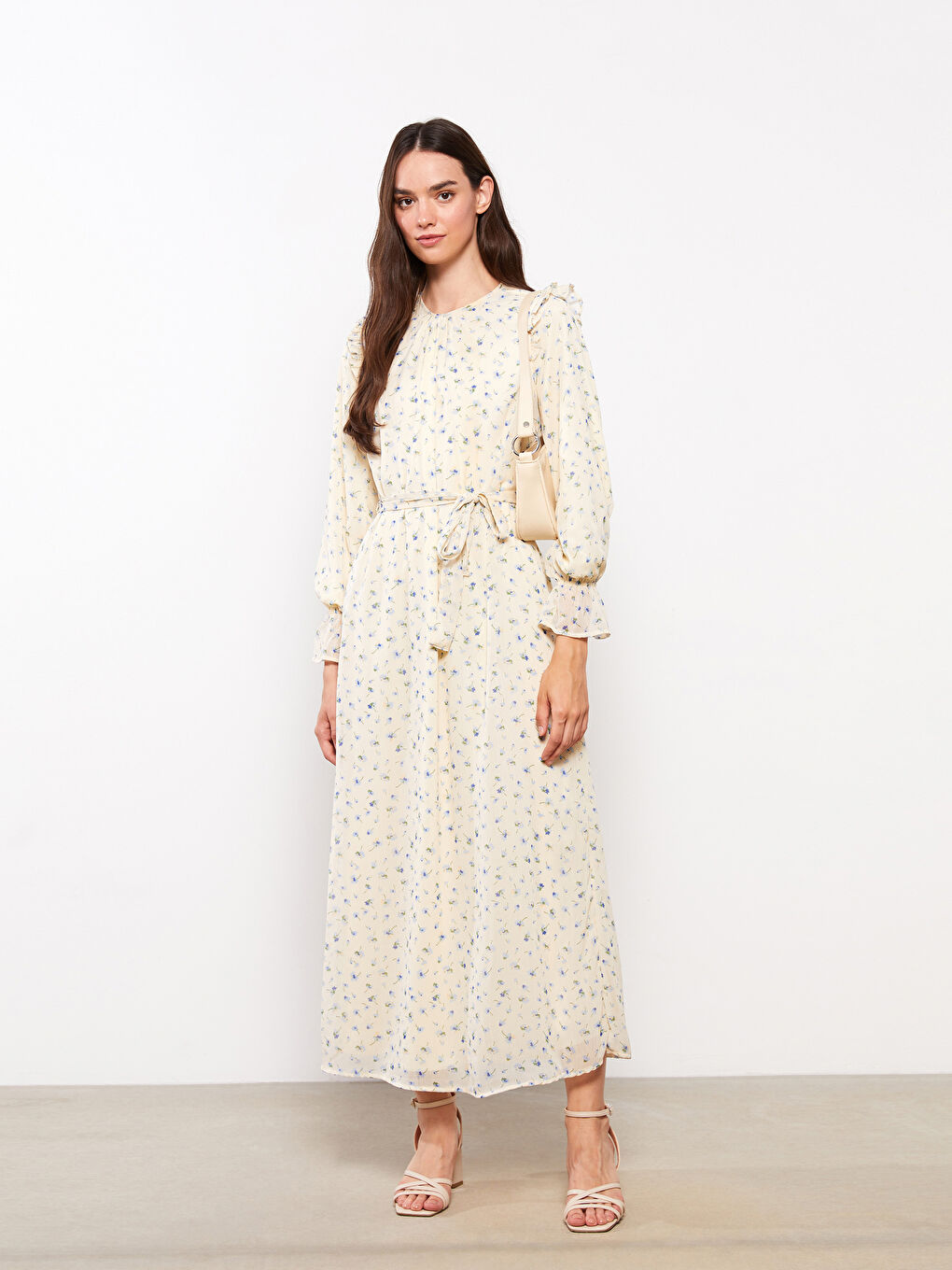 Ekru Bisiklet Yaka Çiçekli Uzun Kollu Şifon Kadın Elbise
