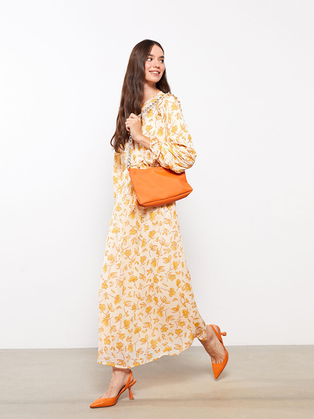 Turuncu Bisiklet Yaka Çiçekli Uzun Kollu Şifon Kadın Elbise