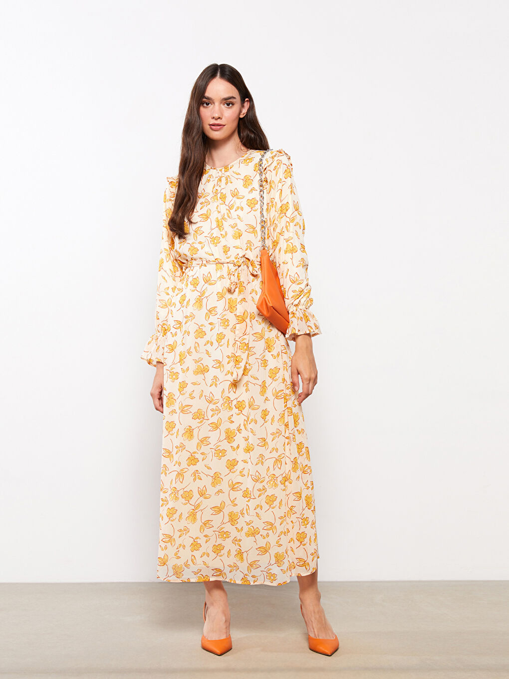 Turuncu Bisiklet Yaka Çiçekli Uzun Kollu Şifon Kadın Elbise-1