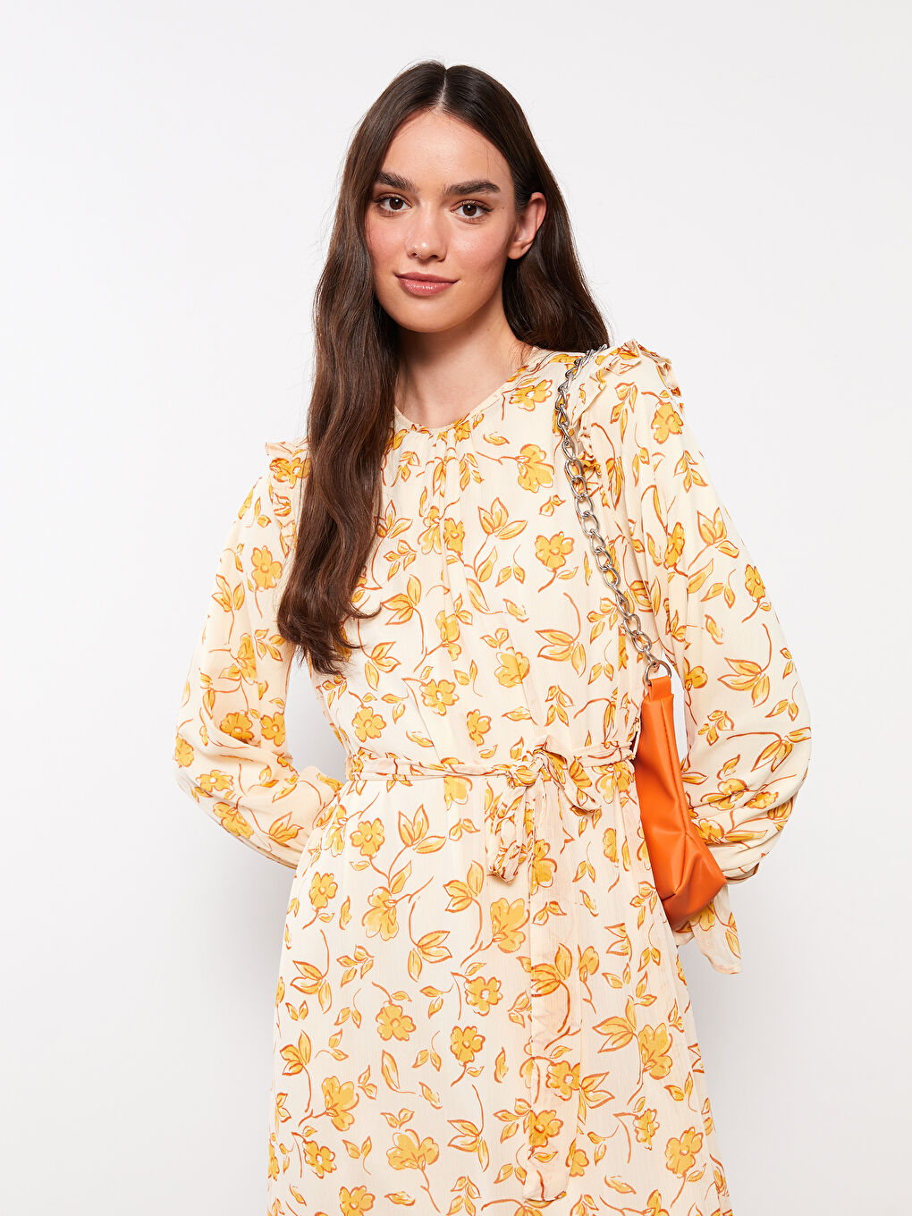 Turuncu Bisiklet Yaka Çiçekli Uzun Kollu Şifon Kadın Elbise-2