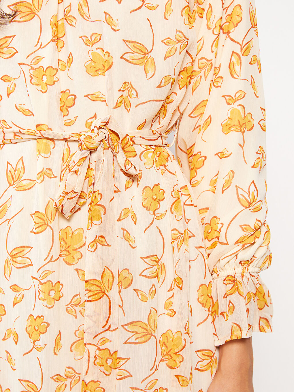 Turuncu Bisiklet Yaka Çiçekli Uzun Kollu Şifon Kadın Elbise-3