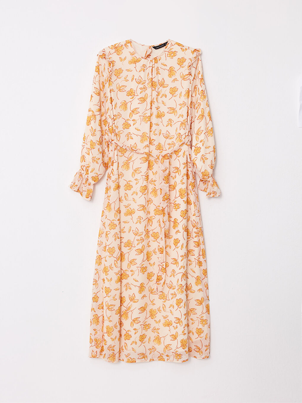 Turuncu Bisiklet Yaka Çiçekli Uzun Kollu Şifon Kadın Elbise-5