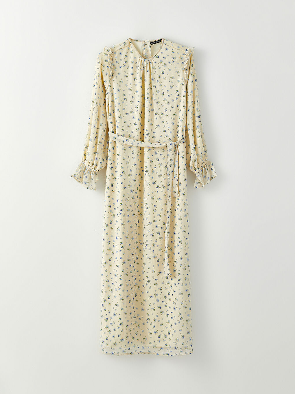 Ekru Bisiklet Yaka Çiçekli Uzun Kollu Şifon Kadın Elbise-4