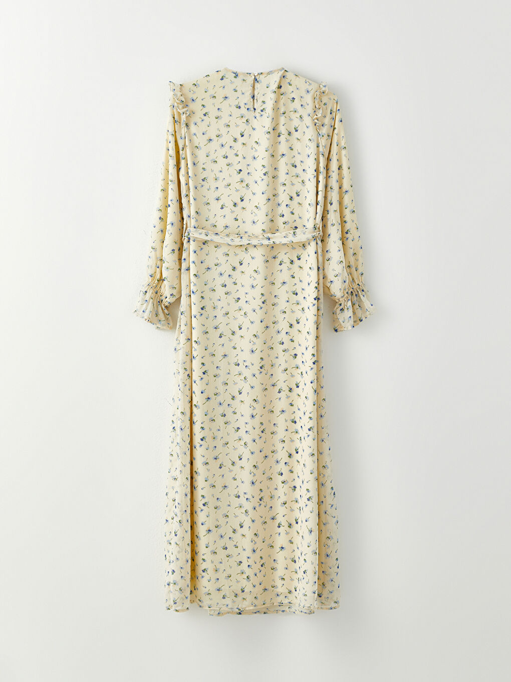 Ekru Bisiklet Yaka Çiçekli Uzun Kollu Şifon Kadın Elbise-5