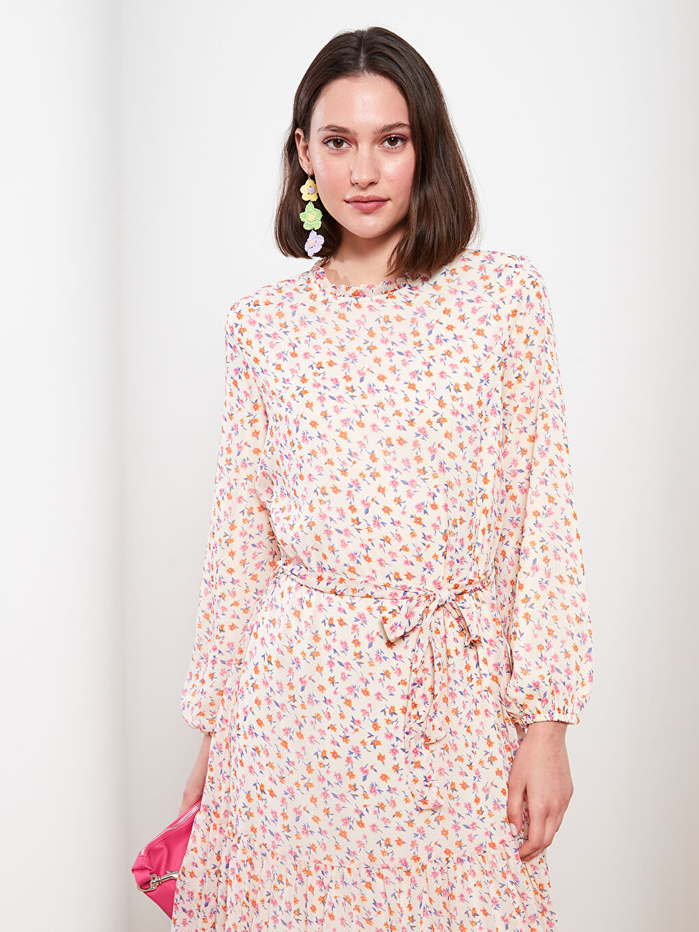 Ekru Bisiklet Yaka Desenli Uzun Kollu Şifon Kadın Elbise-2