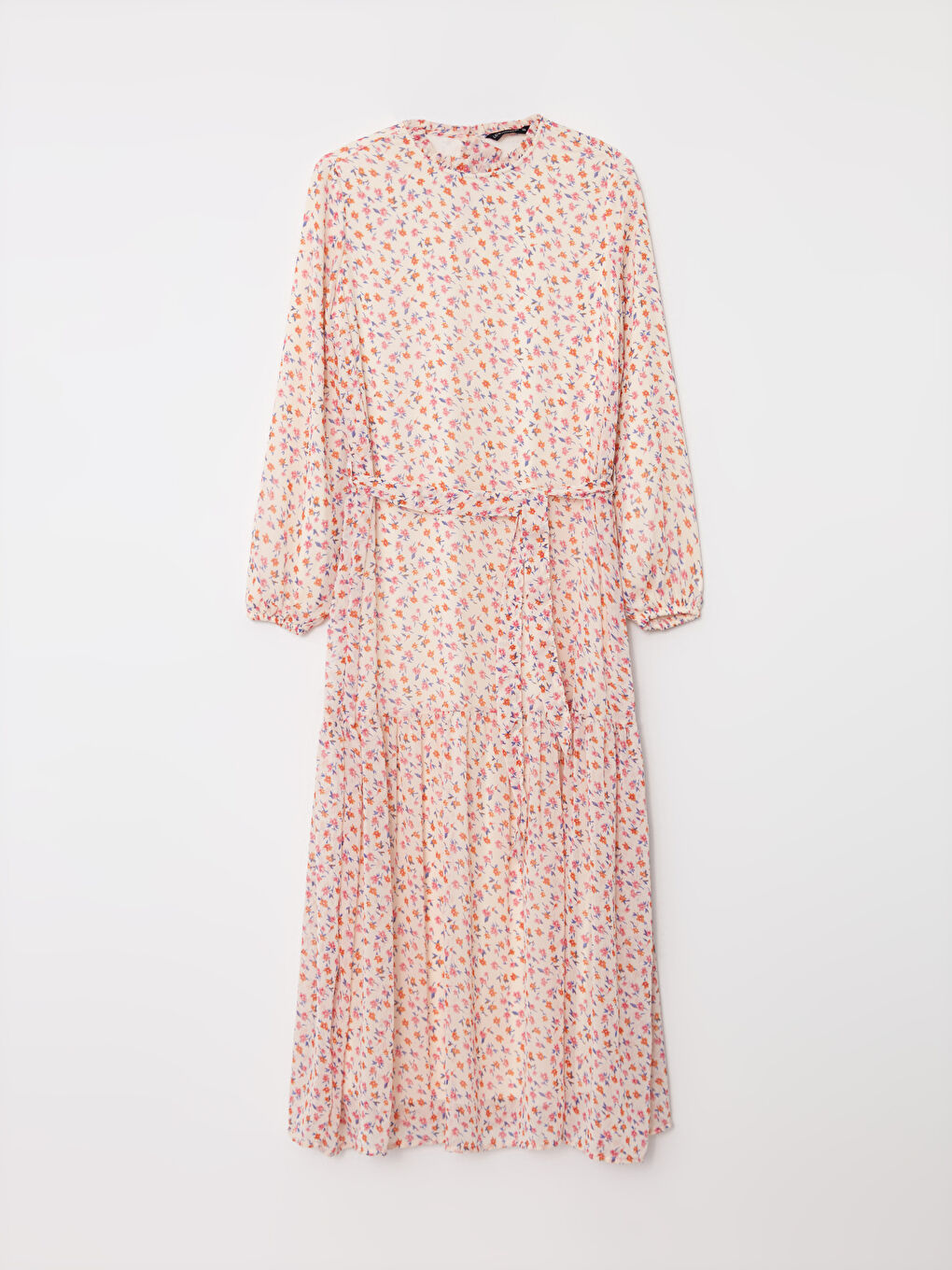 Ekru Bisiklet Yaka Desenli Uzun Kollu Şifon Kadın Elbise-5