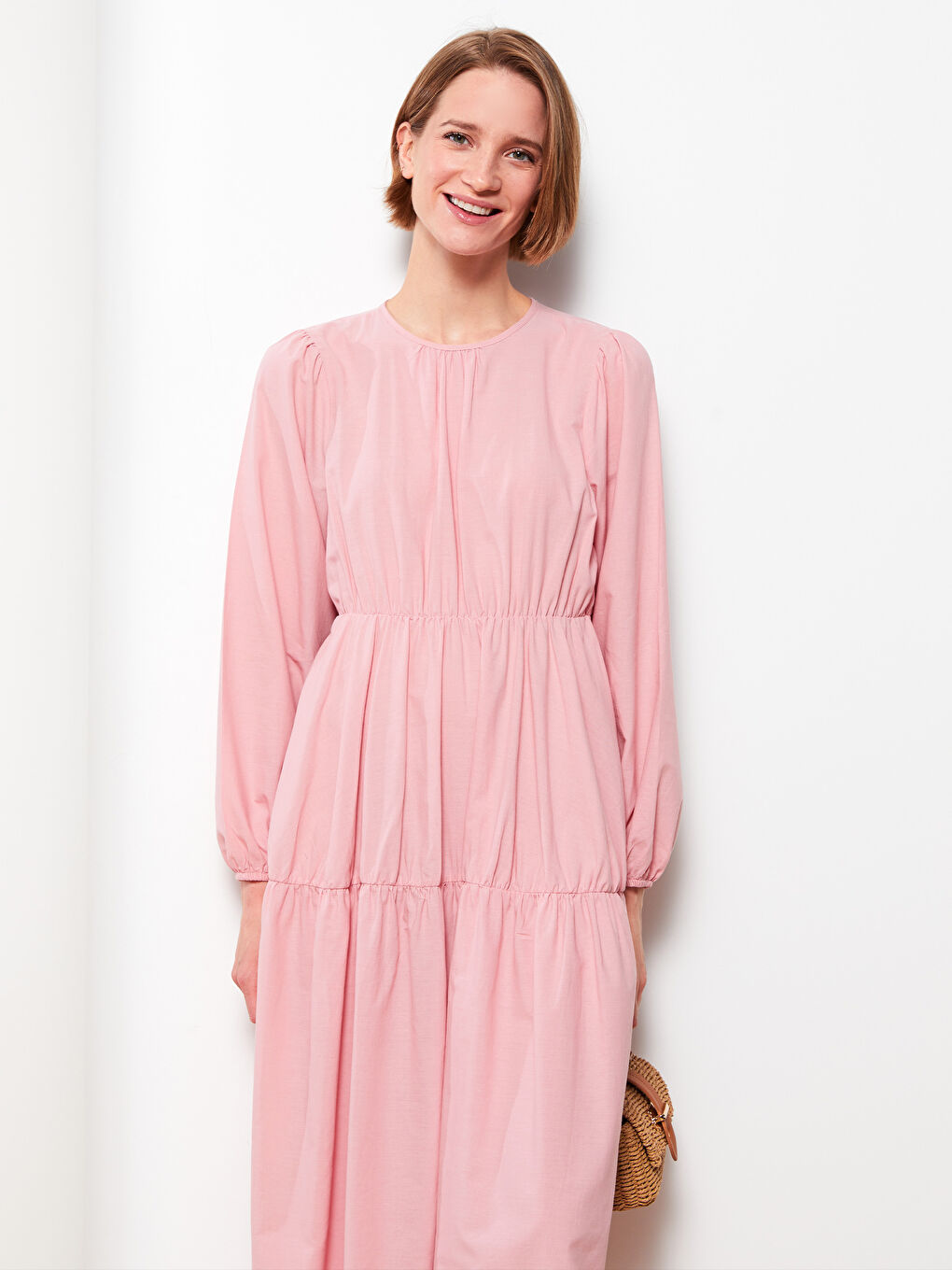 فستان نساء بكول مدور فورم كم طويل قطن-2