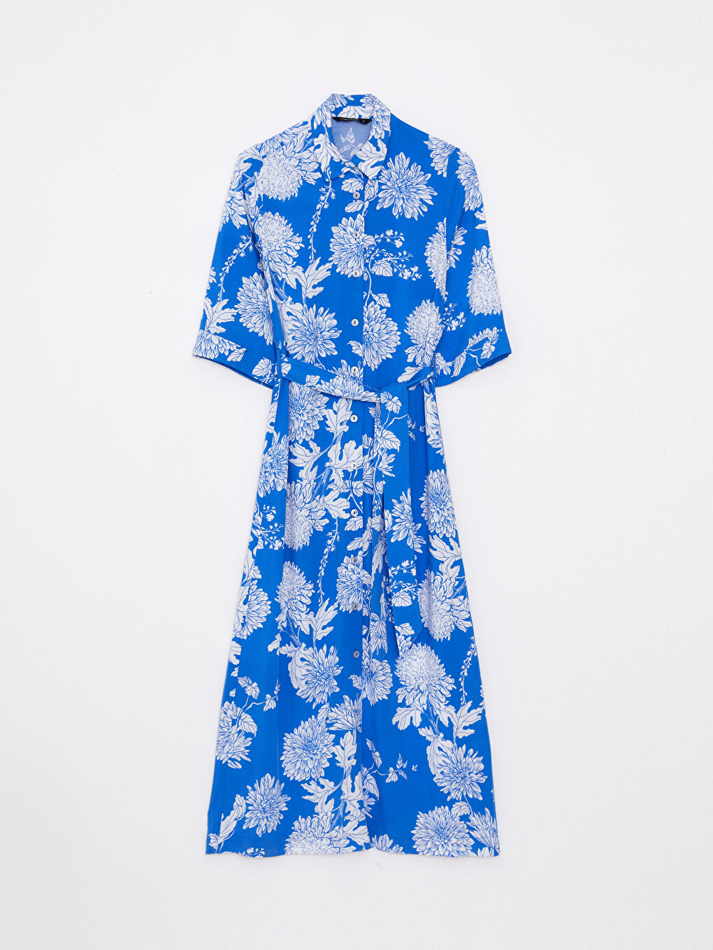 Mavi Çiçekli Kısa Kollu Viskon Kadın Gömlek Elbise-5