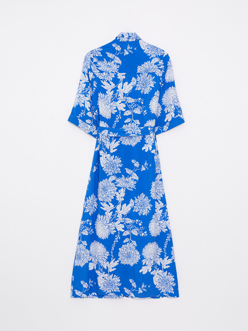 Mavi Çiçekli Kısa Kollu Viskon Kadın Gömlek Elbise-6