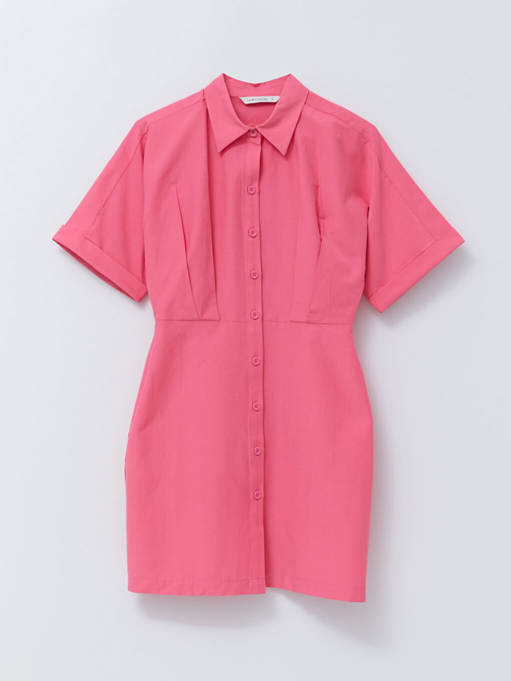 Pembe Düz Kısa Kollu Poplin Kadın Gömlek Elbise-5