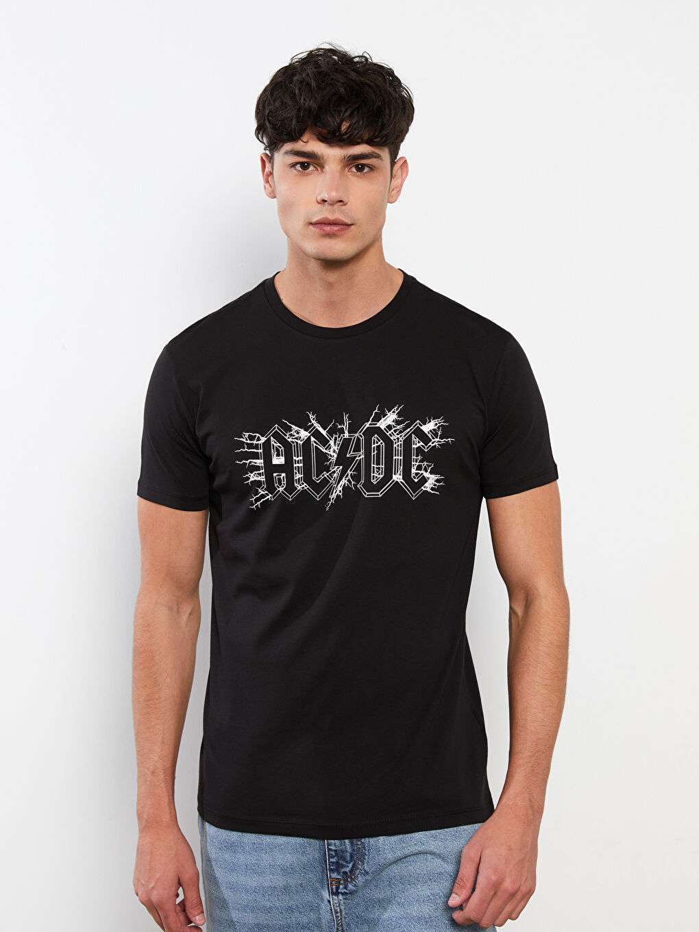 XSIDE Siyah Bisiklet Yaka Kısa Kollu AC/DC Baskılı Penye Erkek Tişört - 1