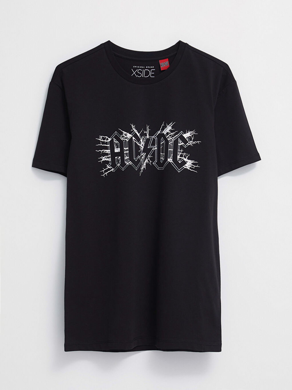 XSIDE Siyah Bisiklet Yaka Kısa Kollu AC/DC Baskılı Penye Erkek Tişört - 5