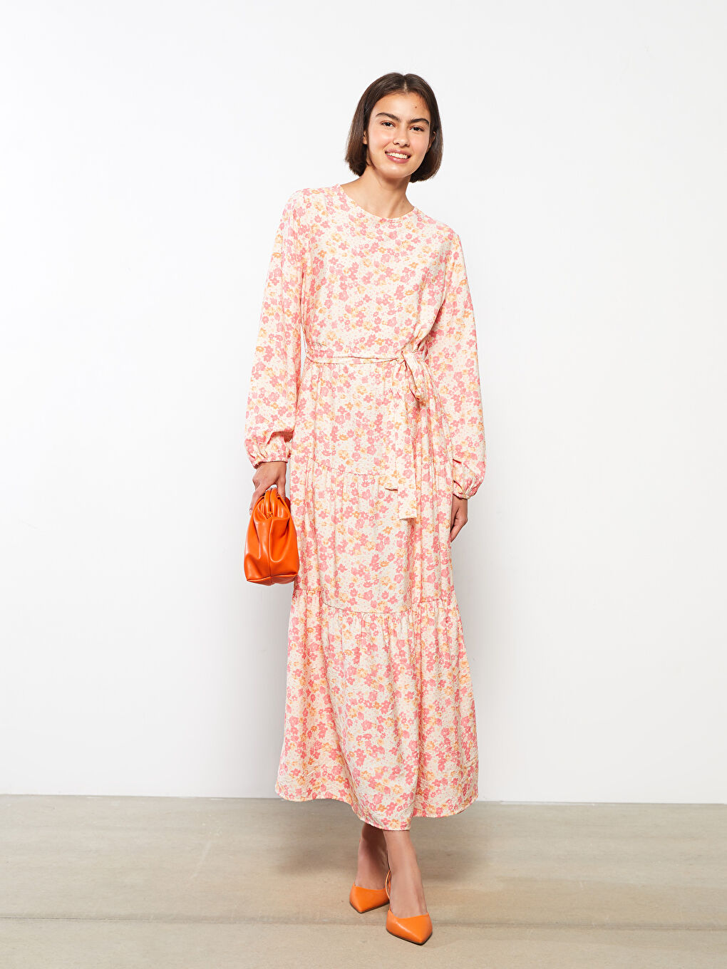 Ekru Bisiklet Yaka Çiçekli Uzun Kollu Kadın Elbise