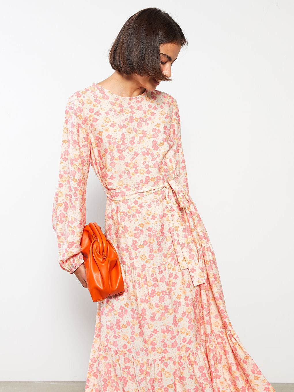 Ekru Bisiklet Yaka Çiçekli Uzun Kollu Kadın Elbise-2