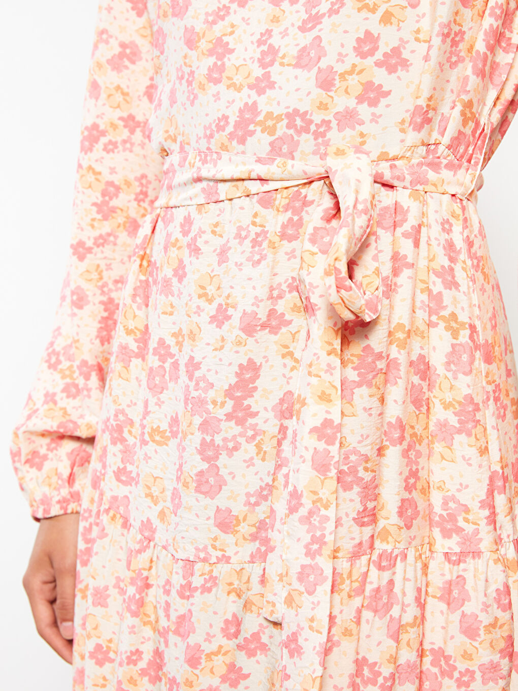 Ekru Bisiklet Yaka Çiçekli Uzun Kollu Kadın Elbise-3