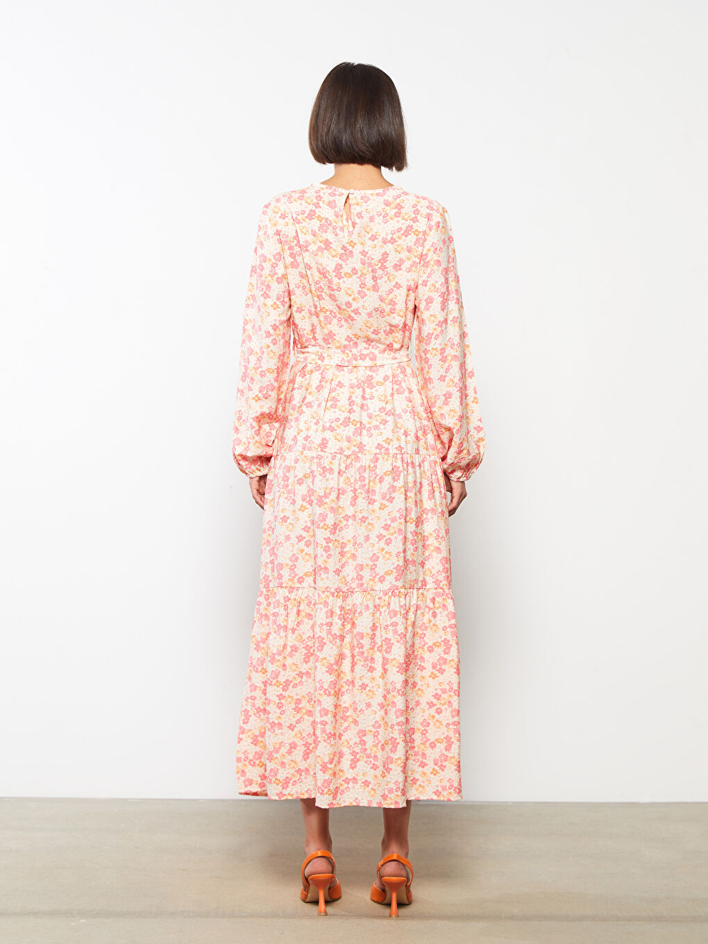 Ekru Bisiklet Yaka Çiçekli Uzun Kollu Kadın Elbise-4