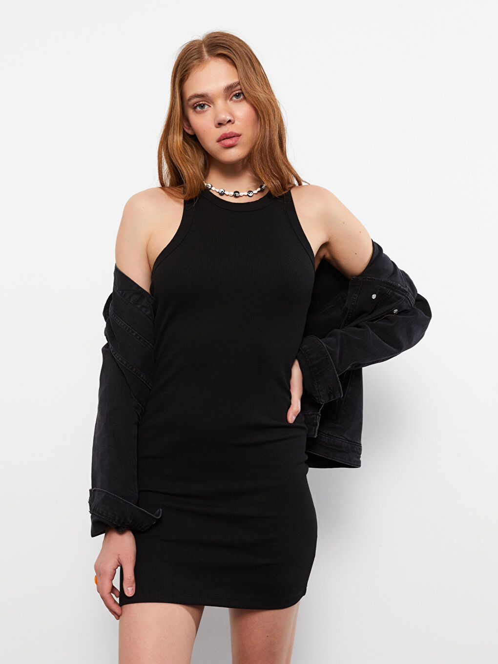 Siyah Kadın Bisiklet Yaka Düz Kolsuz Bodycon Elbise