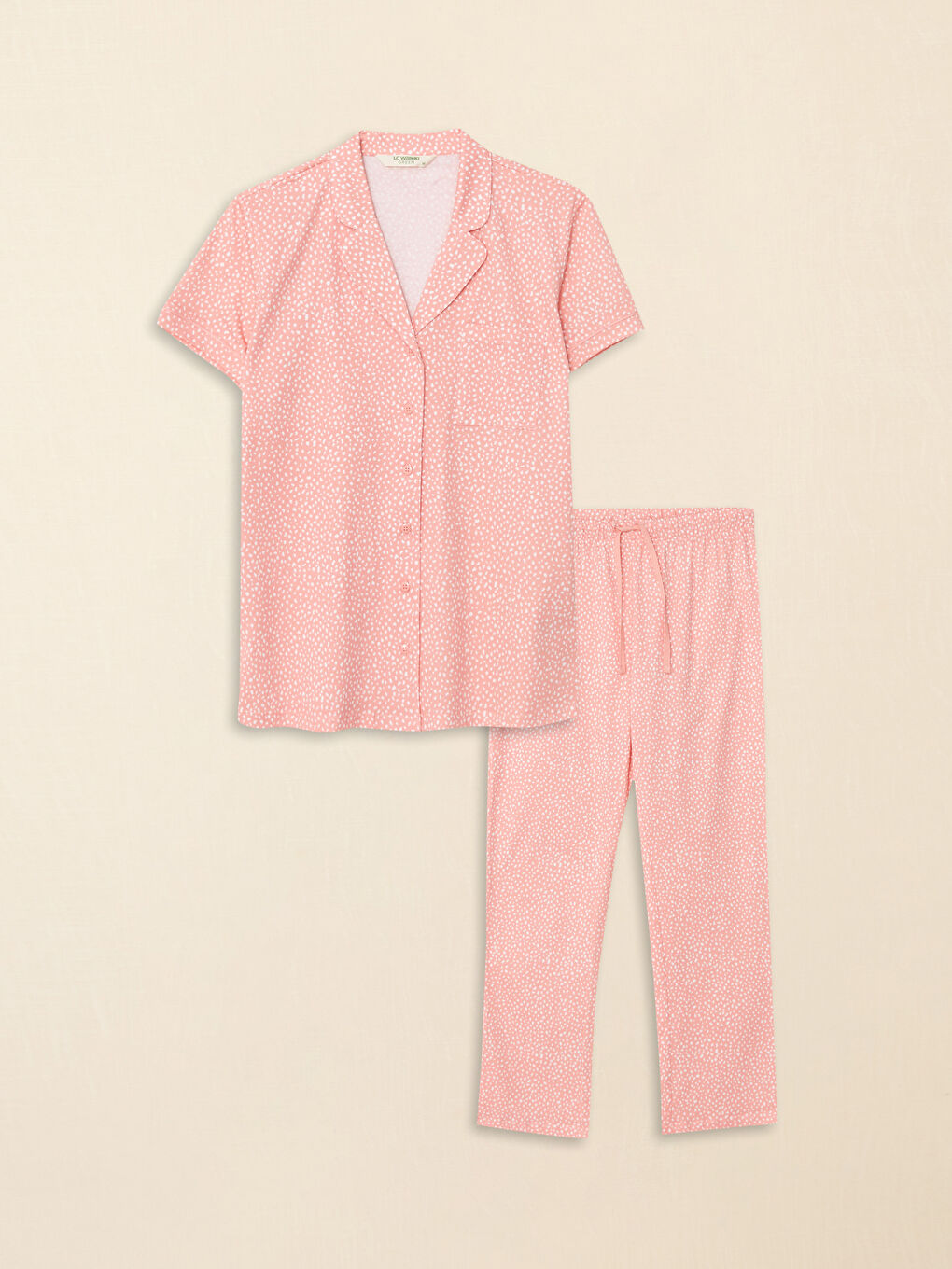 Pembe Gömlek Yaka Desenli Kısa Kollu Pamuklu Kadın Pijama Takımı-4