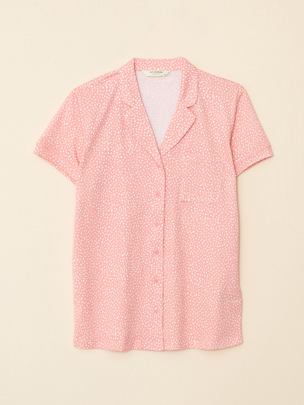 Pembe Gömlek Yaka Desenli Kısa Kollu Pamuklu Kadın Pijama Takımı-5