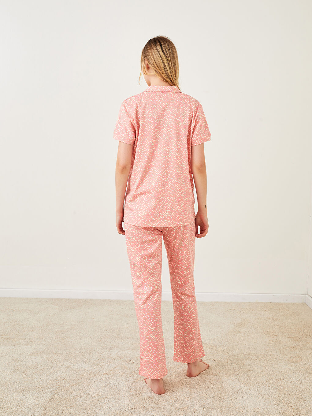 Pembe Gömlek Yaka Desenli Kısa Kollu Pamuklu Kadın Pijama Takımı-3