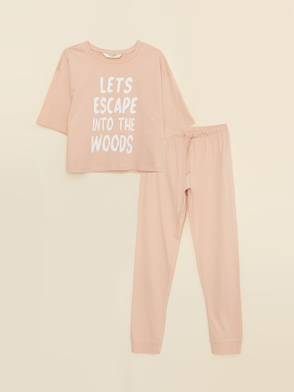 Bej Bisiklet Yaka Baskılı Kısa Kollu Pamuklu Kadın Pijama Takımı-5