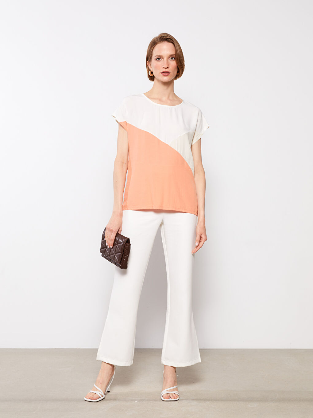 Crew Neck Color Block Short Sleeve Crepe Women's T-Shirt