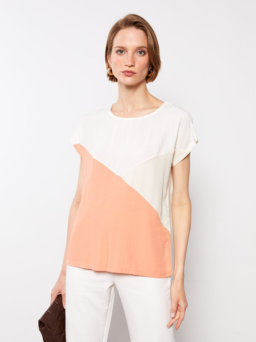 Crew Neck Color Block Short Sleeve Crepe Women's T-Shirt-1