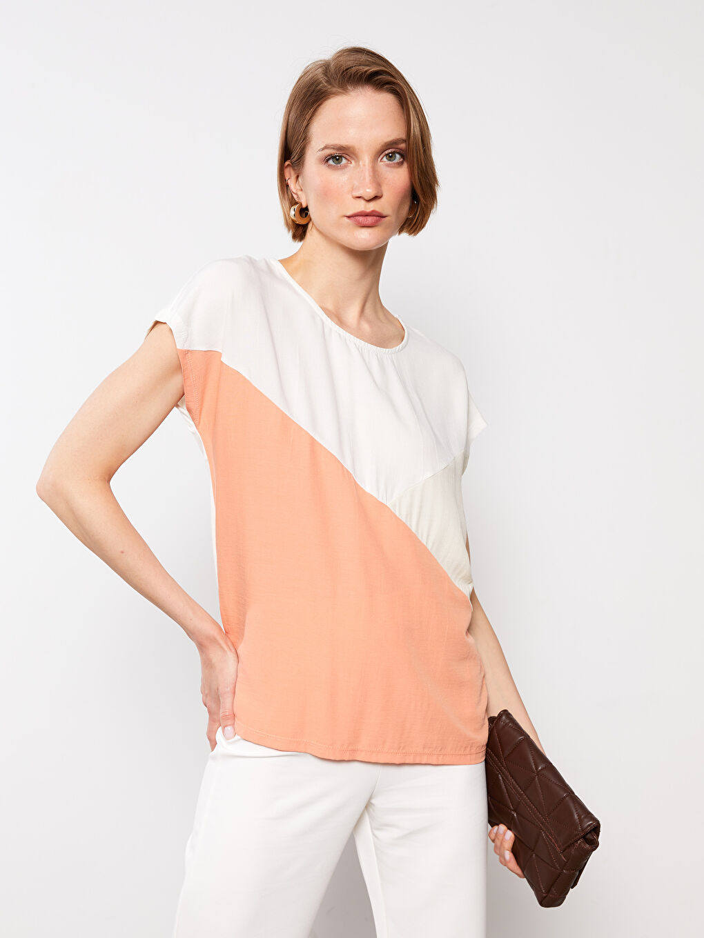 Crew Neck Color Block Short Sleeve Crepe Women's T-Shirt-2