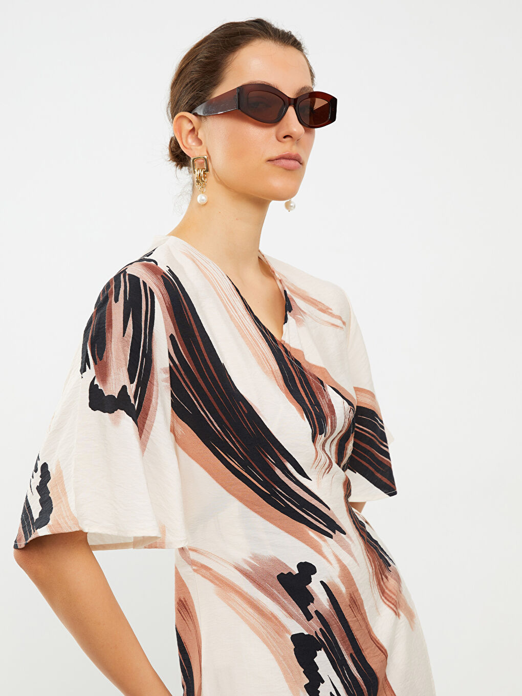 Double Breasted Collar Patterned Short Sleeve Women's Dress -S2IF71Z8-QW4
