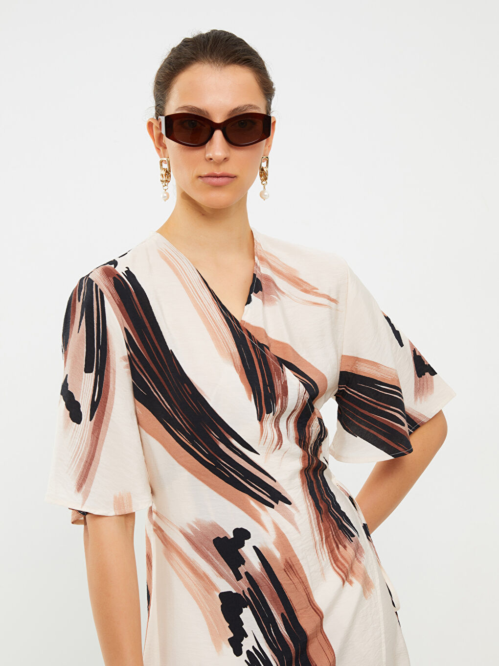 Double Breasted Collar Patterned Short Sleeve Women's Dress -S2IF71Z8-QW4