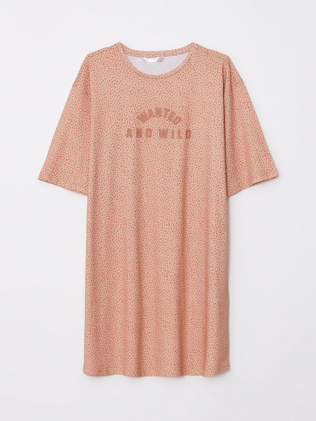 Bej Bisiklet Yaka Baskılı Kısa Kollu Kadın Gecelik-4