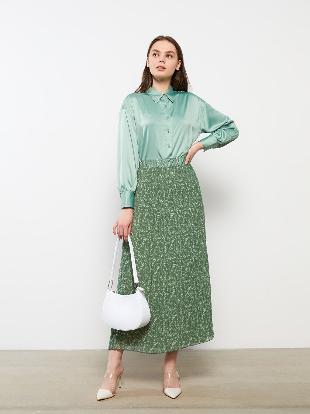Yeşil Beli Lastikli Desenli Pileli Şifon Kadın Etek-1
