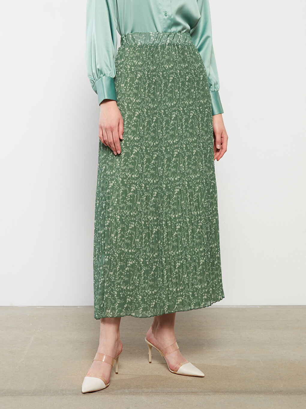Yeşil Beli Lastikli Desenli Pileli Şifon Kadın Etek-2