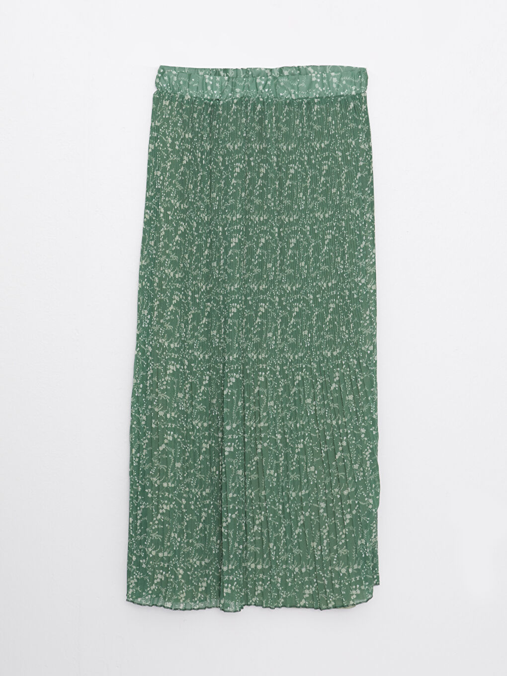 Yeşil Beli Lastikli Desenli Pileli Şifon Kadın Etek-5