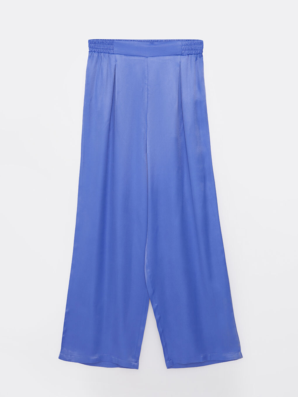 Mavi Beli Lastikli Rahat Kalıp Düz Saten Kadın Pantolon-5