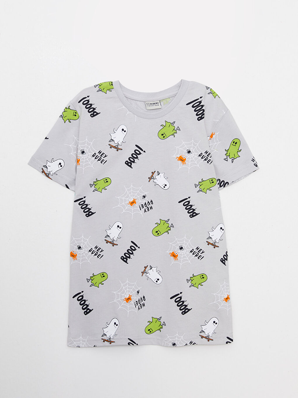 Gri Bisiklet Yaka Baskılı Kısa Kollu Pamuklu Erkek Çocuk Tişört