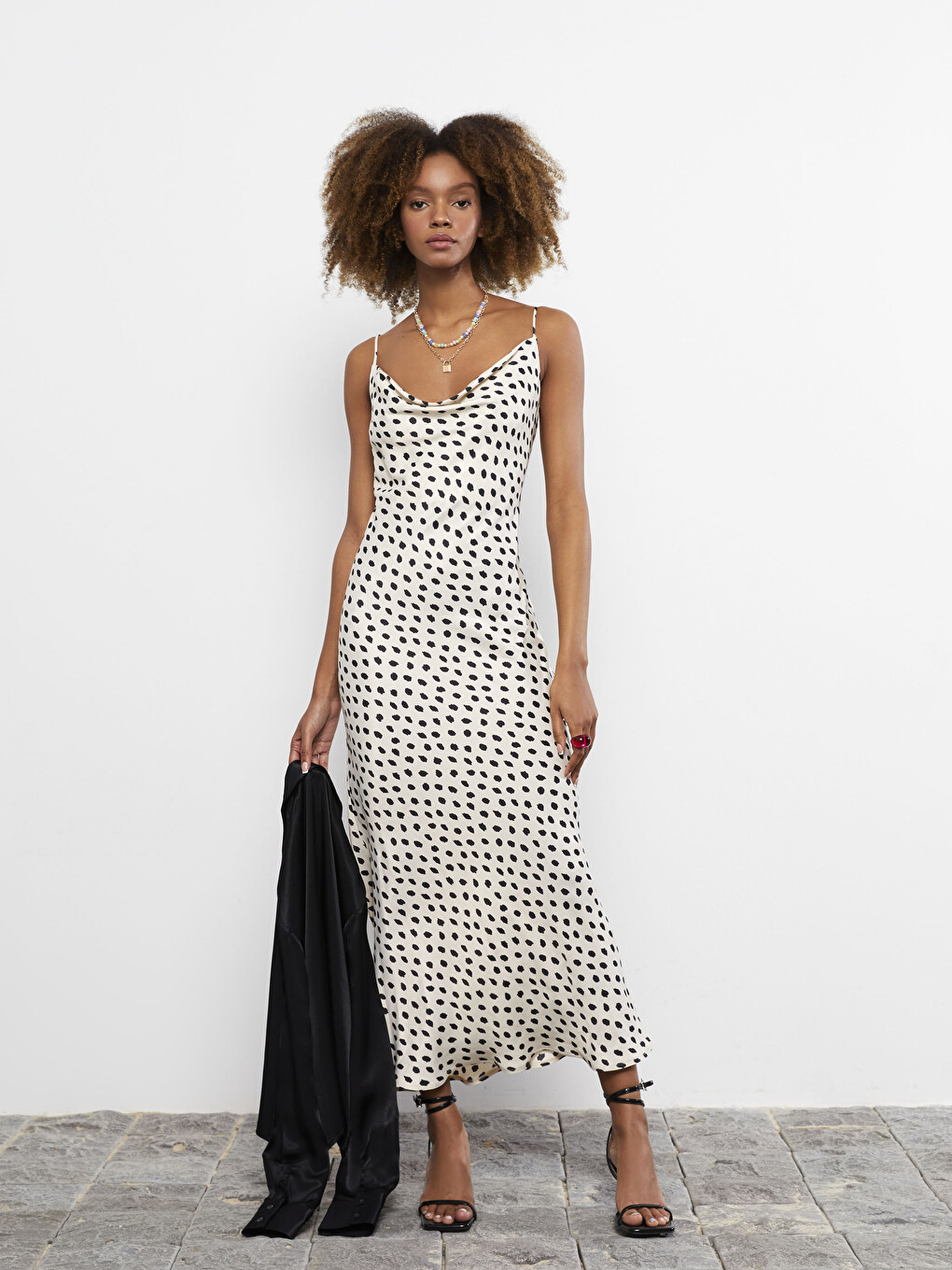 Flowy Collar Patterned Satin Women's Dress