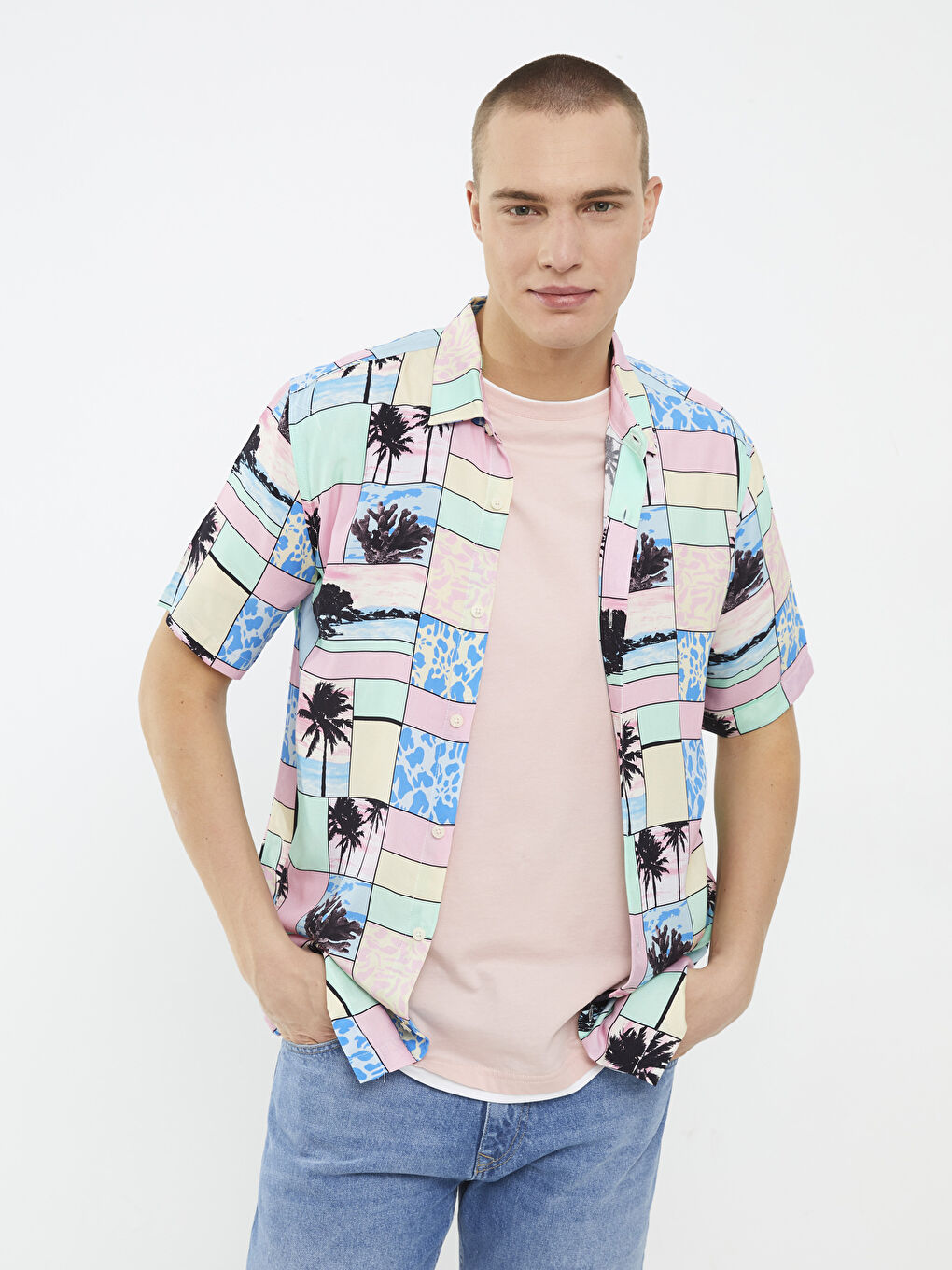 Pembe Regular Fit Kısa Kollu Desenli Erkek Gömlek-1