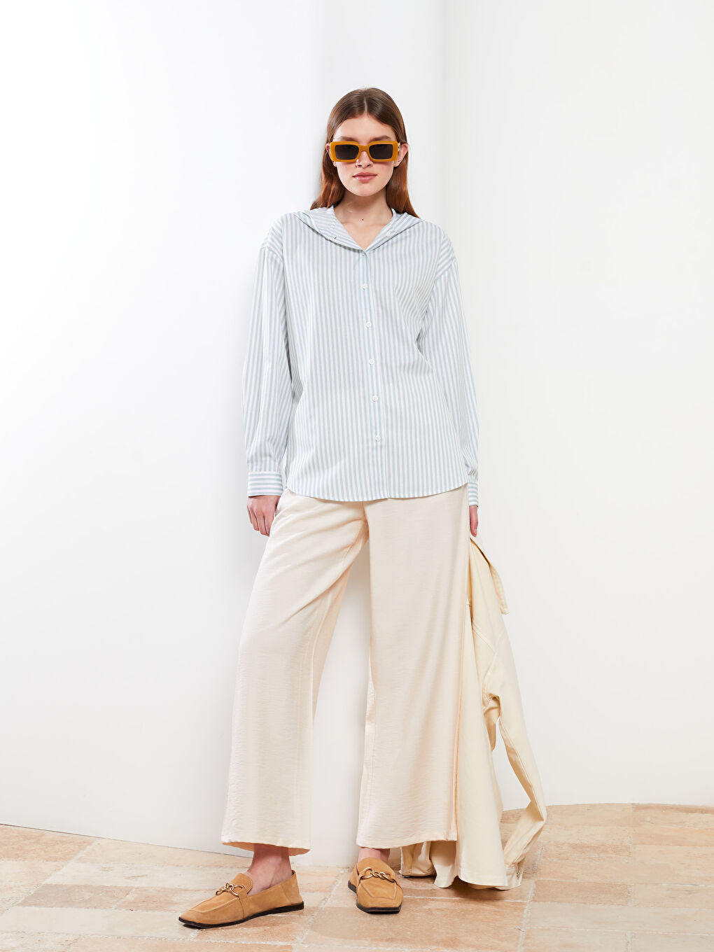 بنطلون بالازو حريمي رجل واسعة بتفاصيل جيب و خصر مطاطي مستقيم