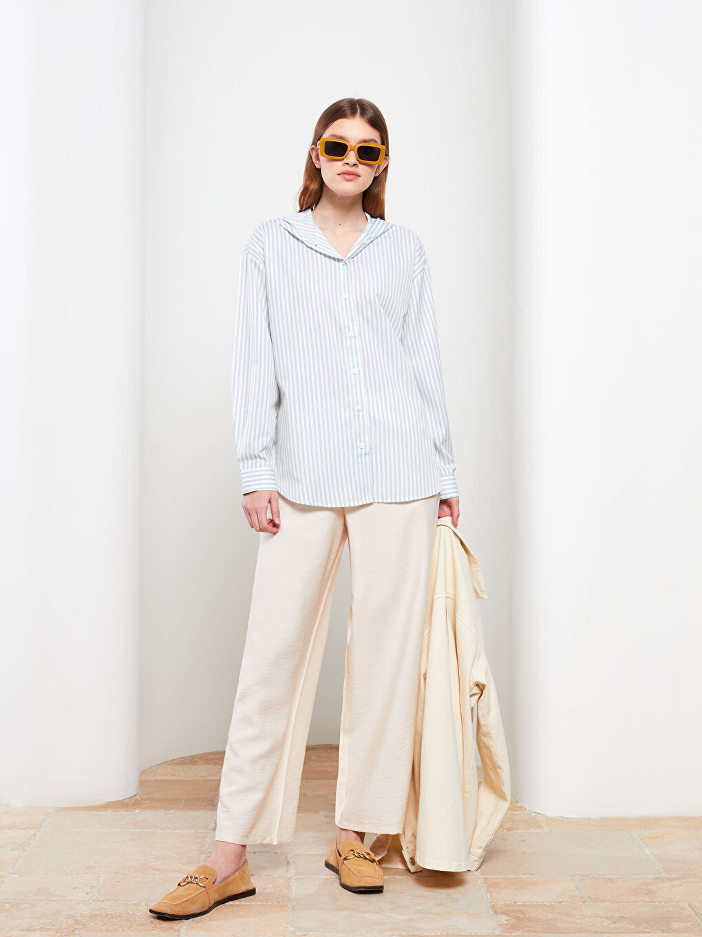 بنطلون بالازو حريمي رجل واسعة بتفاصيل جيب و خصر مطاطي مستقيم-1