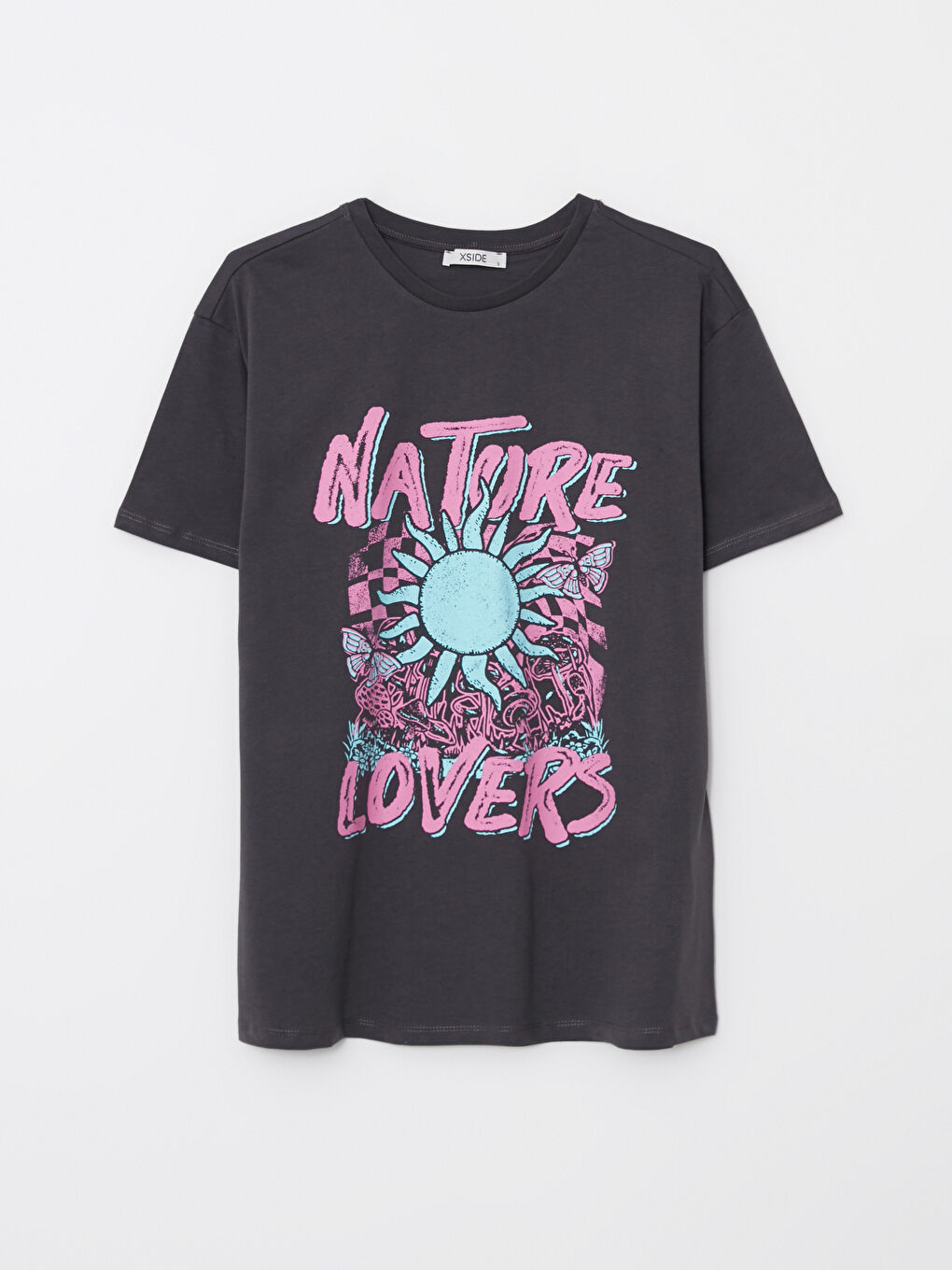 Gri Bisiklet Yaka Baskılı Kısa Kollu Pamuklu Kadın Tişört-6