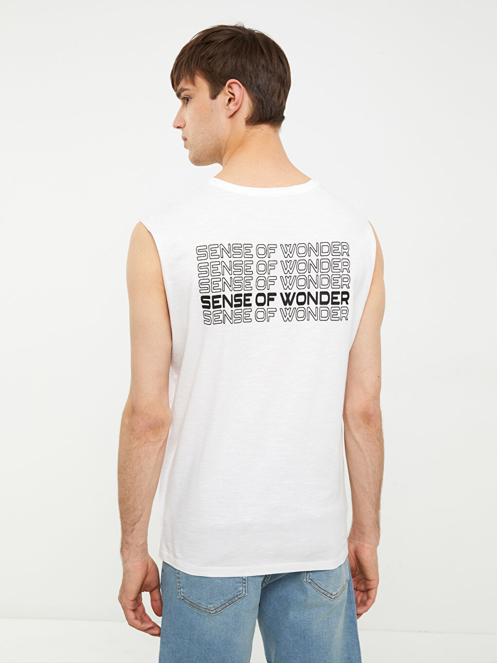 Beyaz Bisiklet Yaka Baskılı Erkek Kolsuz Tişört-4