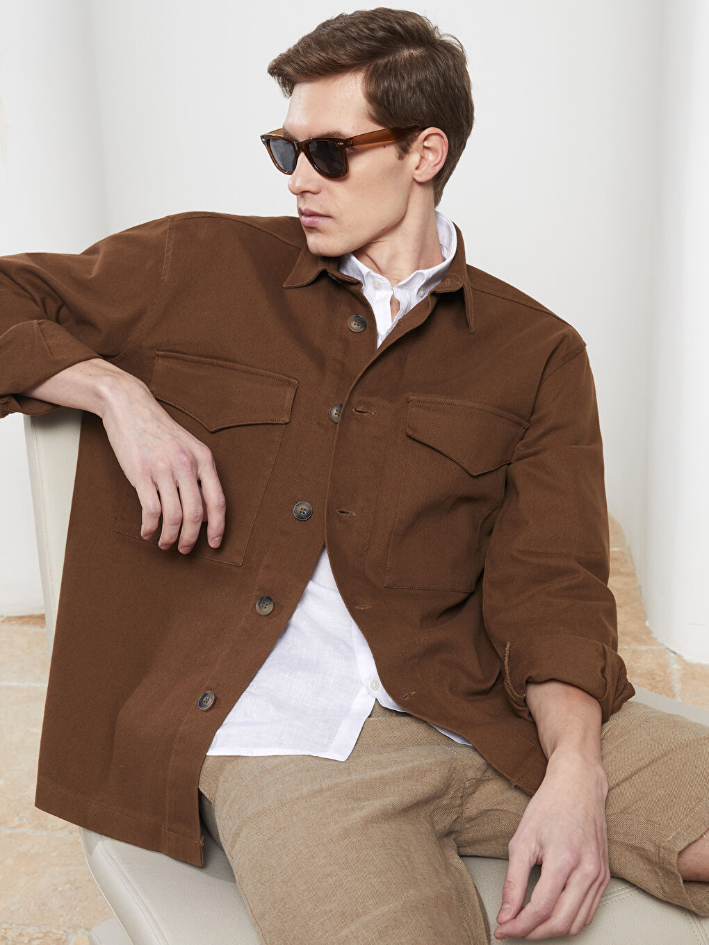 Kahverengi Regular Fit Uzun Kollu Erkek Gömlek Ceket