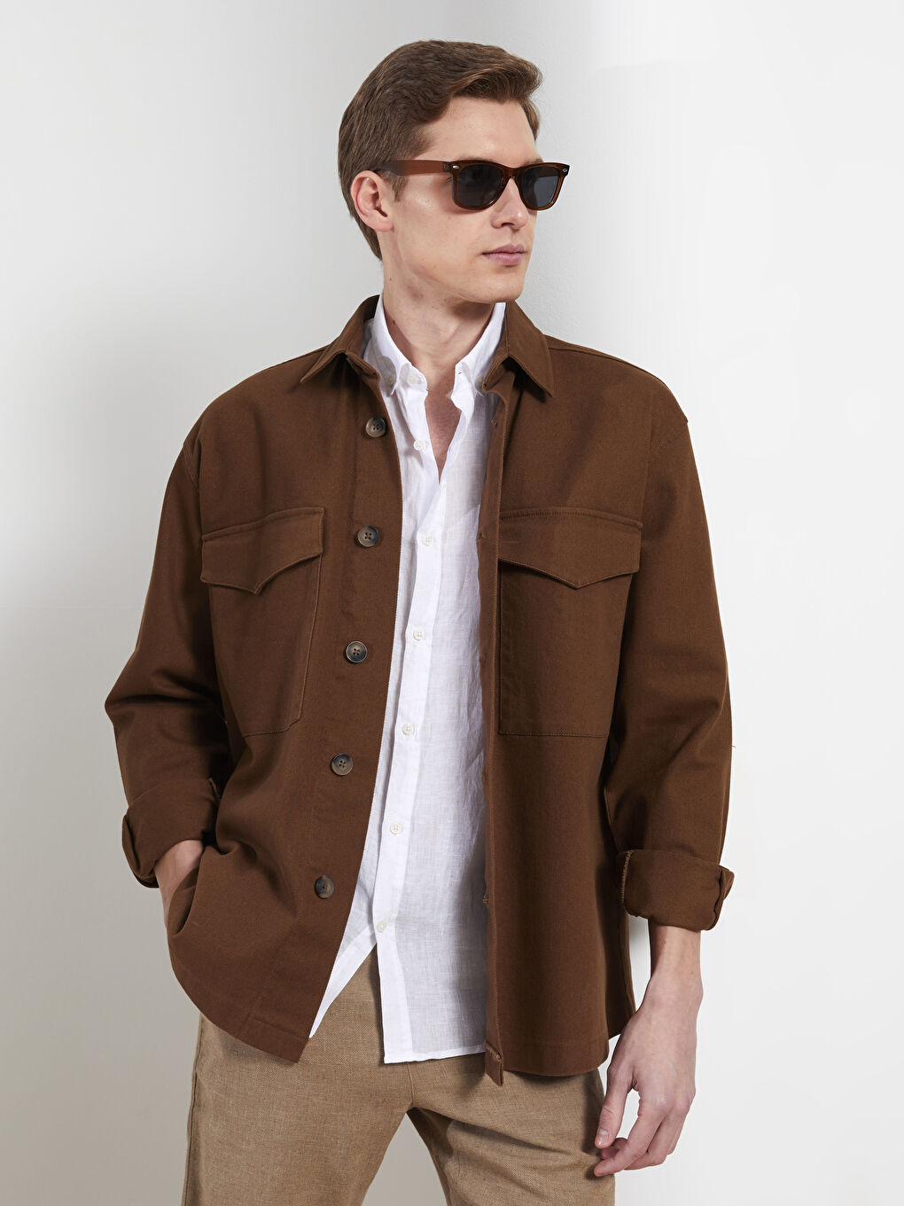 Kahverengi Regular Fit Uzun Kollu Erkek Gömlek Ceket-1