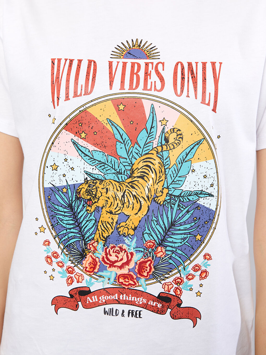 Beyaz Bisiklet Yaka Baskılı Kısa Kollu Pamuklu Kadın Tişört-3