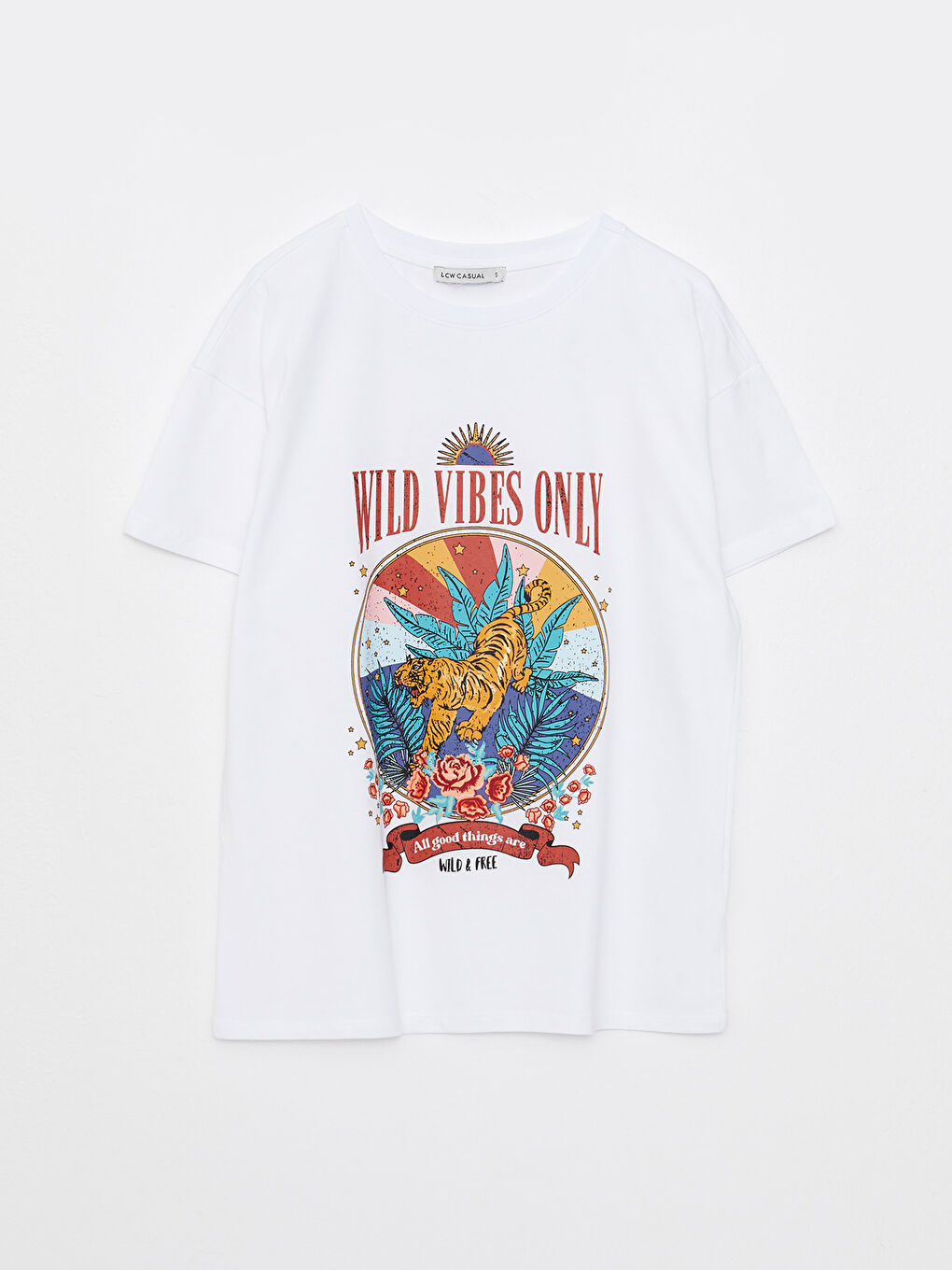 Beyaz Bisiklet Yaka Baskılı Kısa Kollu Pamuklu Kadın Tişört-5