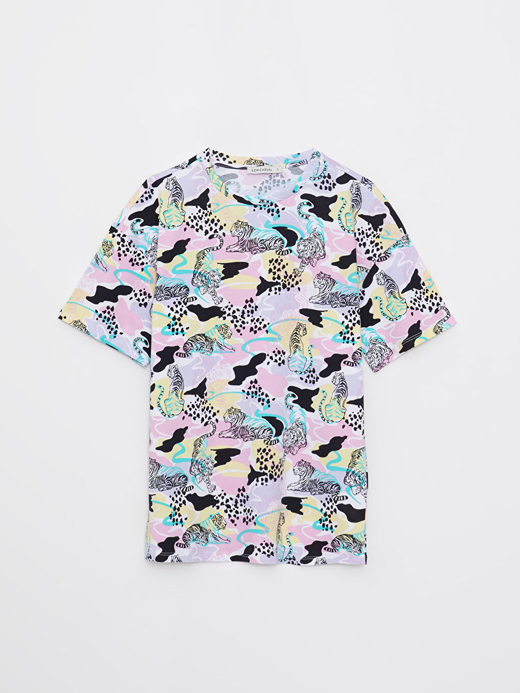 Beyaz Bisiklet Yaka Desenli Kısa Kollu Pamuklu Kadın Tişört-5