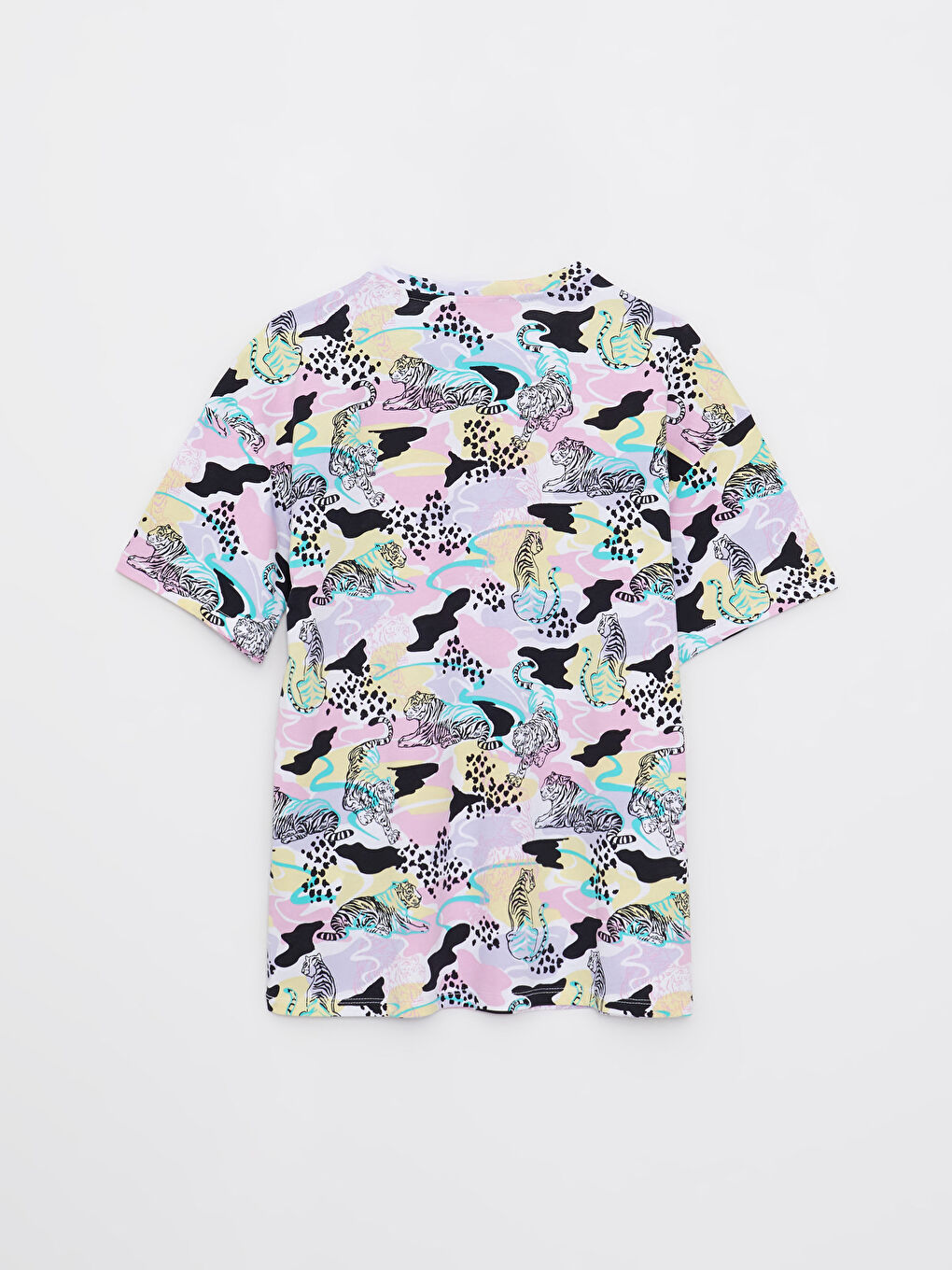 Beyaz Bisiklet Yaka Desenli Kısa Kollu Pamuklu Kadın Tişört-6