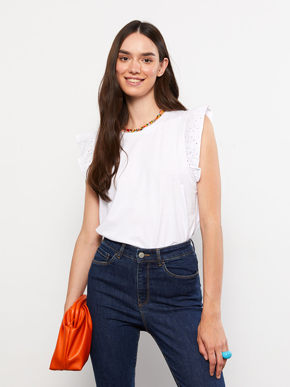 T-shirt en coton à manches courtes droites avec col rond pour Femmes